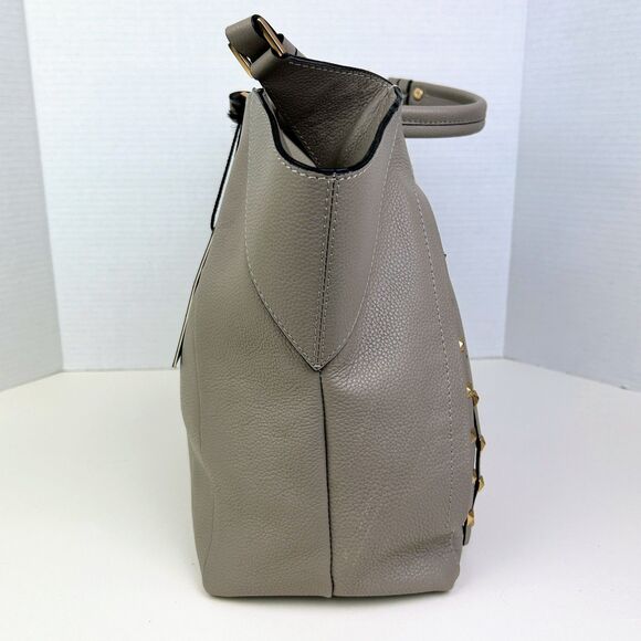 NWT LODIS Camilla Tote Shoulder Bag Ash Grey Taupe Leather Studded Zip Tassels - Picture 3 of 16